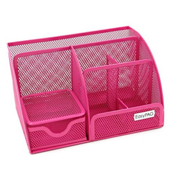 EasyPAG Mesh Desk Organizer Pencil Holder 8 Compartments with Drawer,Pink